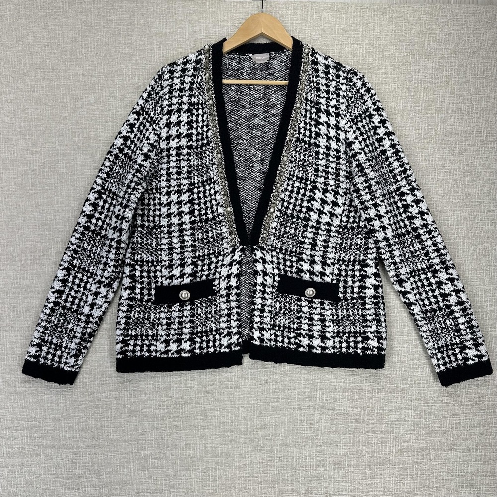 Chicos Jacket Womens Medium Houndstooth Open Front‎ Cardigan Pearl Trim Sweater